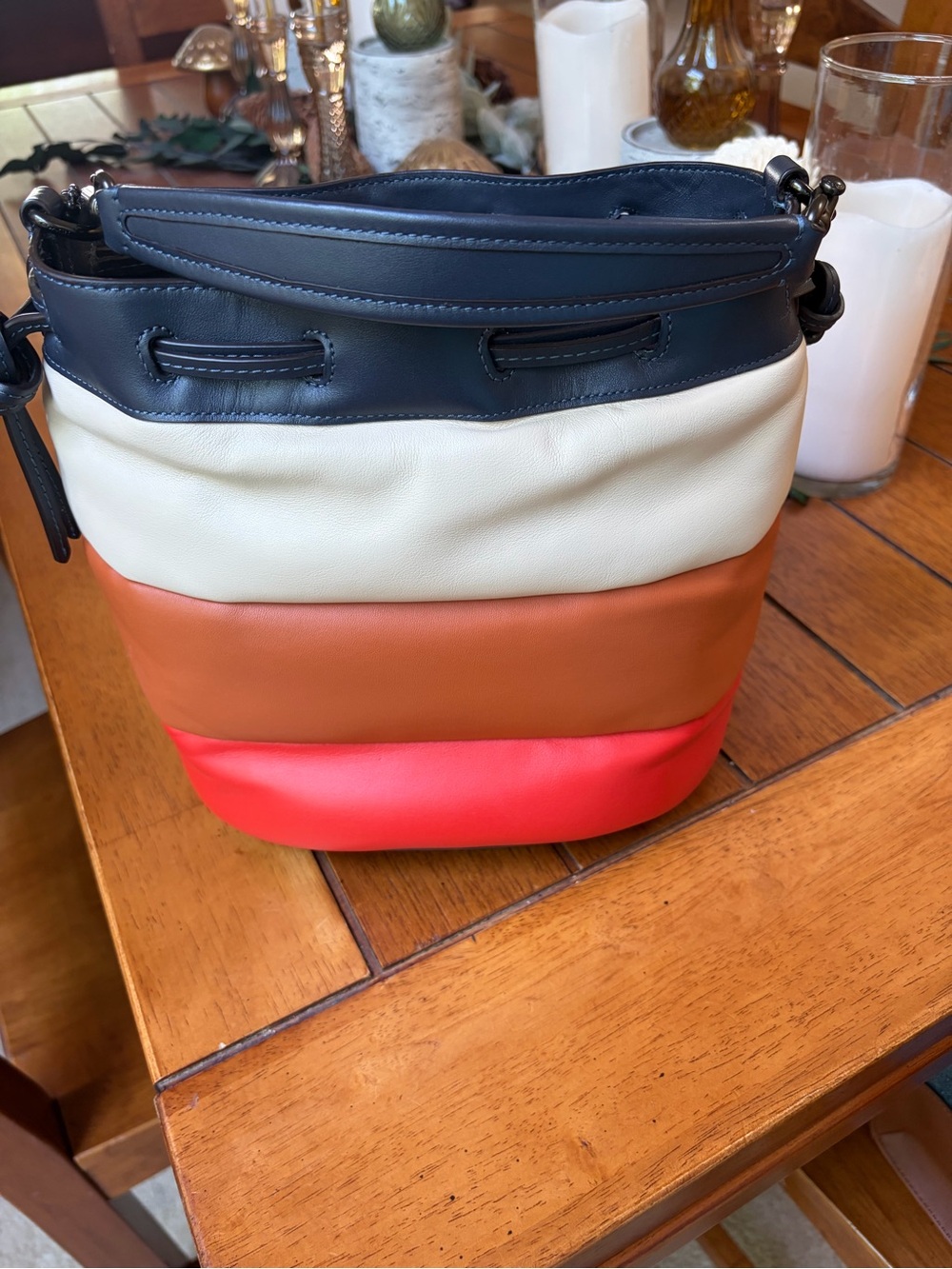 Rare Coach Color-block Leather Bucket Bag - Navy, Cream, Tan & Orange - Picture 6 of 7